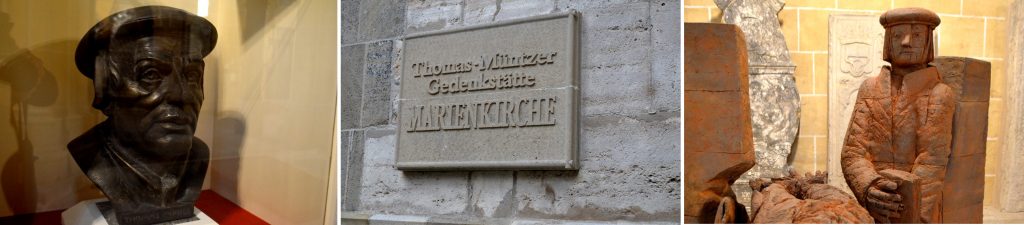 Eine Büste und eine Skulptir von Thomas Müntzer. Am Turmeingang weist eine Tafel auf die Gedenkstätte hin.
